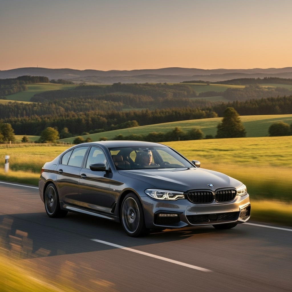 Dark gray BMW sports sedan driving along scenic countryside road — smooth and efficient ride with Northeastern Exhaust system.